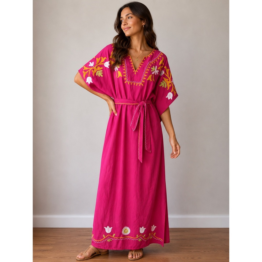 Roller Rabbit Womens Pink Embroidered Cotton Flex Kaftan Maxi Dress Size M